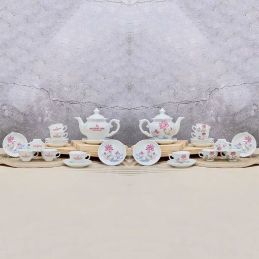 Ấm trà màu trắng họa tiết hoa sen hồng in logo Mekoong Giá Tốt Sang Trọng ACLGQBV140