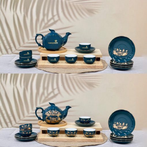 Bộ ấm trà dĩa lót xanh ngọc vẽ vàng hoa sen - logo Vietcombank Cao Cấp ACLGQBV154