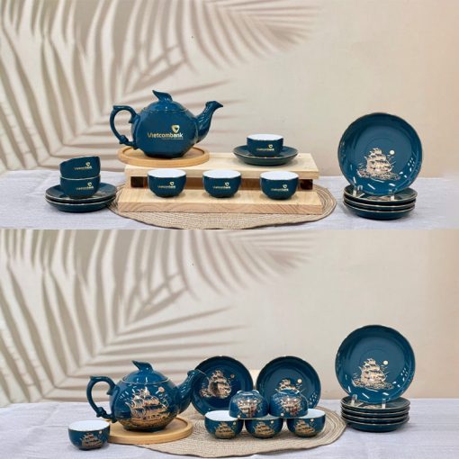 Bộ ấm trà dĩa lót xanh ngọc vẽ vàng thuyền buồm - logo Vietcombank Giá Tốt Sang Trọng ACLGQBV155