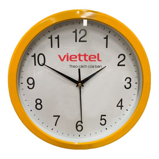 Đồng hồ treo tường màu vàng chuối in logo Viettel Sang Trọng DHLOQBV54