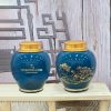 Hũ trà màu xanh dương nhạt vẽ vàng hoa sen - logo Mekoong Ý Nghĩa ACLGQBV172