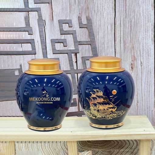 Hũ trà màu xanh dương vẽ vàng thuyền buồm - logo Mekoong Tiện dụng ACLGQBV176