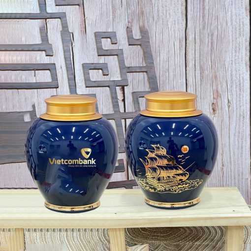 Hũ trà màu xanh dương vẽ vàng thuyền buồm - logo Vietcomba cho khách hàng ACLGQBV178