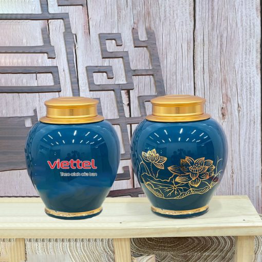 Hũ trà màu xanh ngọc đại dương vẽ vàng hoa sen in logo Viettel Sang Trọng ACLGQBV111