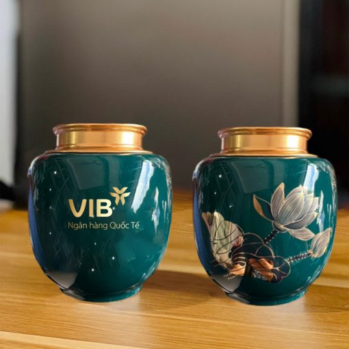 Hũ trà xanh đậm vẽ vàng hoa sen - logo VIB Chính Hãng ACLGQBV189